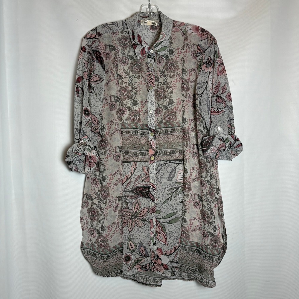 Hope Springs Floral Button Down Tunic Shirt Gray Pink Sheer Roll Tab Sleeve M